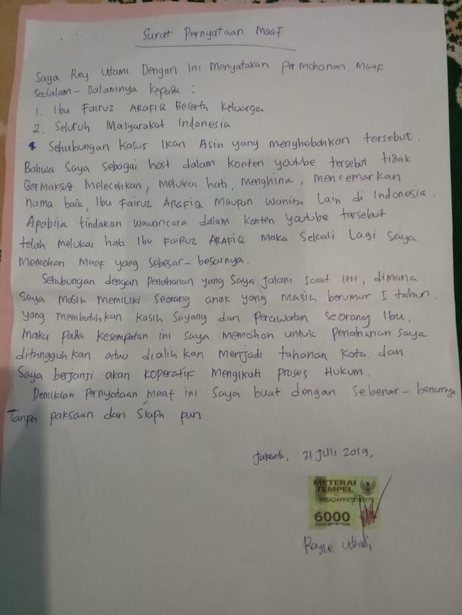 surat permintaan maaf rey utami