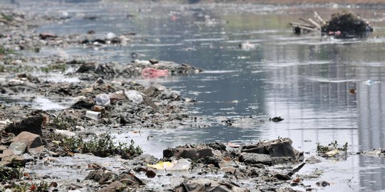 Aliran Kanal Banjir Barat Menghitam dan Penuh Sampah