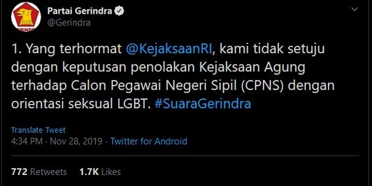 Gaduh Twitter Gerindra Protes LGBT Dilarang Jadi ASN