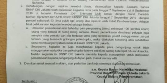 Surat Resmi BNNP DKI Tak Sebut Ada Peredaran Narkoba di Diskotek Colosseum