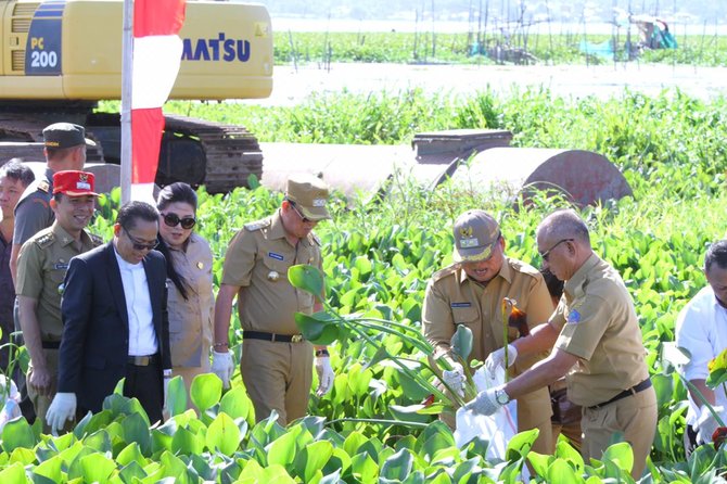 bupati minahasa pimpin pembersihan eceng gondok di danau tondano