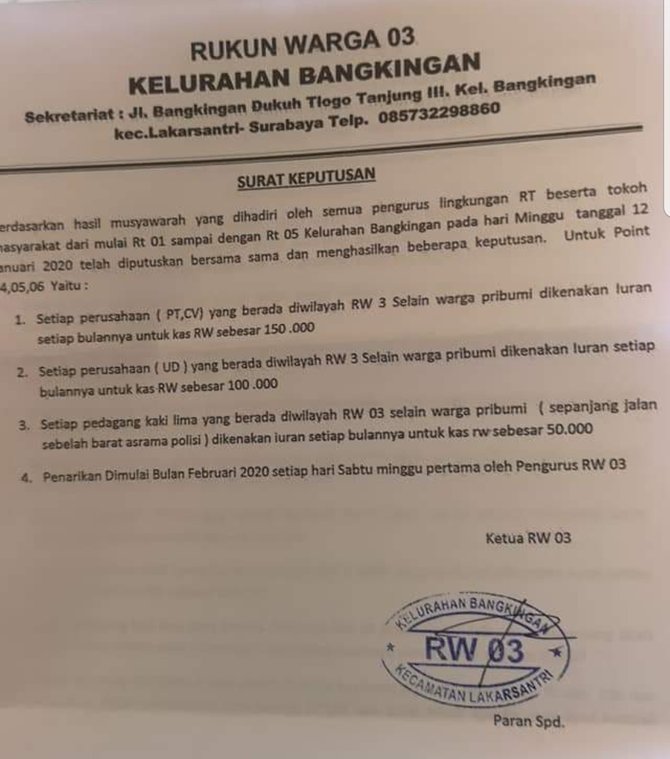 aturan rt rw untuk pribumi dan nonpribumi di surabaya