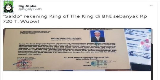 CEK FAKTA: Hoaks Rekening Rp720 Triliun Milik King of The King di Bank BNI