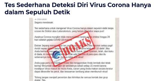 CEK FAKTA: Hoaks Tes Sederhana Deteksi Corona Dalam 10 Detik