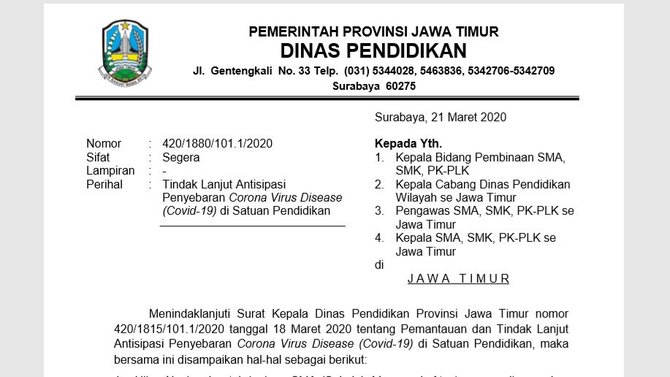 Gara Gara Virus Corona Ujian Nasional Sma Di Jawa Timur Diundur