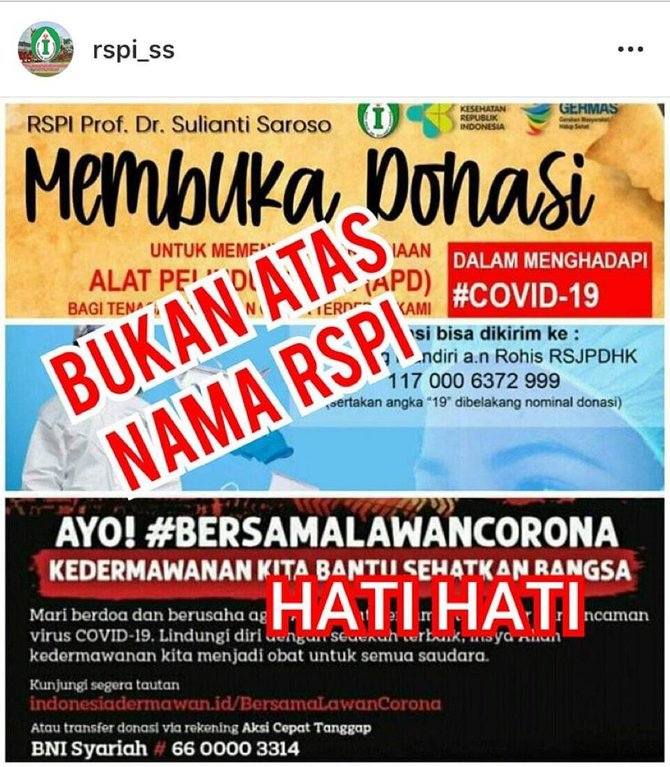 hoaks pembukaan donasi atas nama rspi sulianti saroso