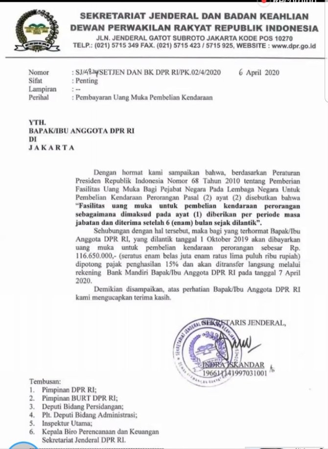 surat pencairan dp mobil anggota dpr