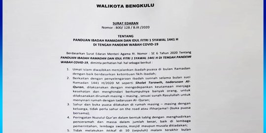 Ini 8 Poin SE Wali Kota Bengkulu Terkait Panduan Ibadah Ramadan & Idul Fitri