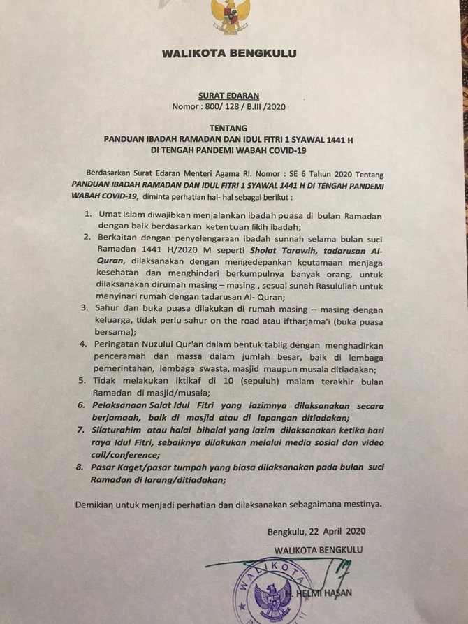 surat edaran wali kota bengkulu