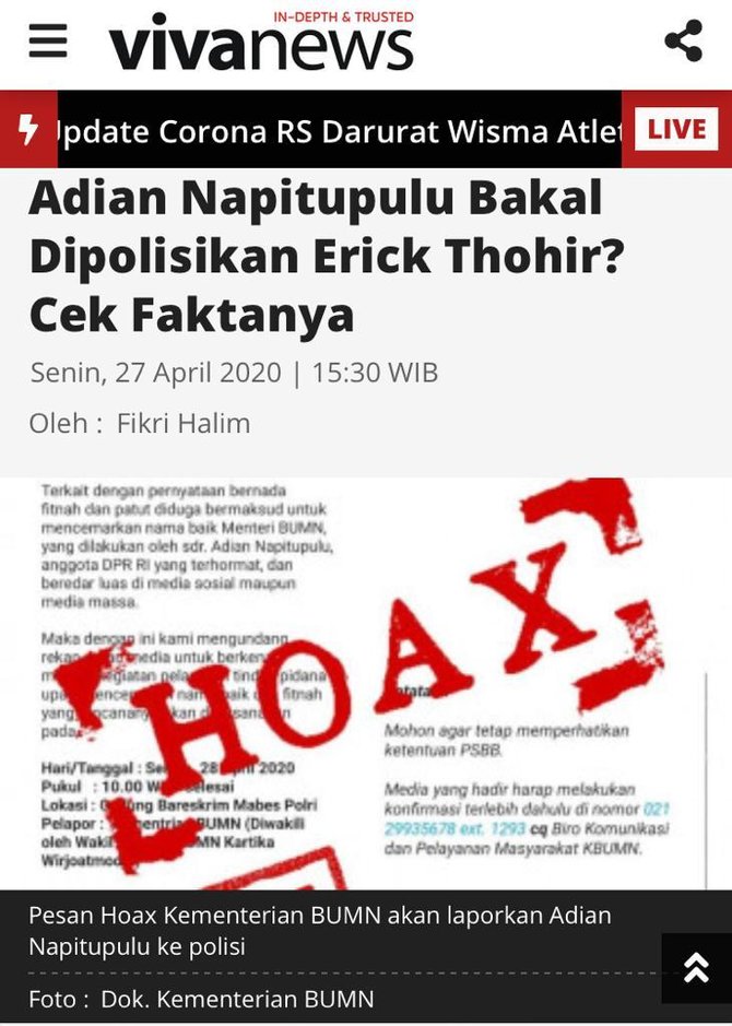 hoaks menteri bumn erick thohir akan polisikan adian napitupulu