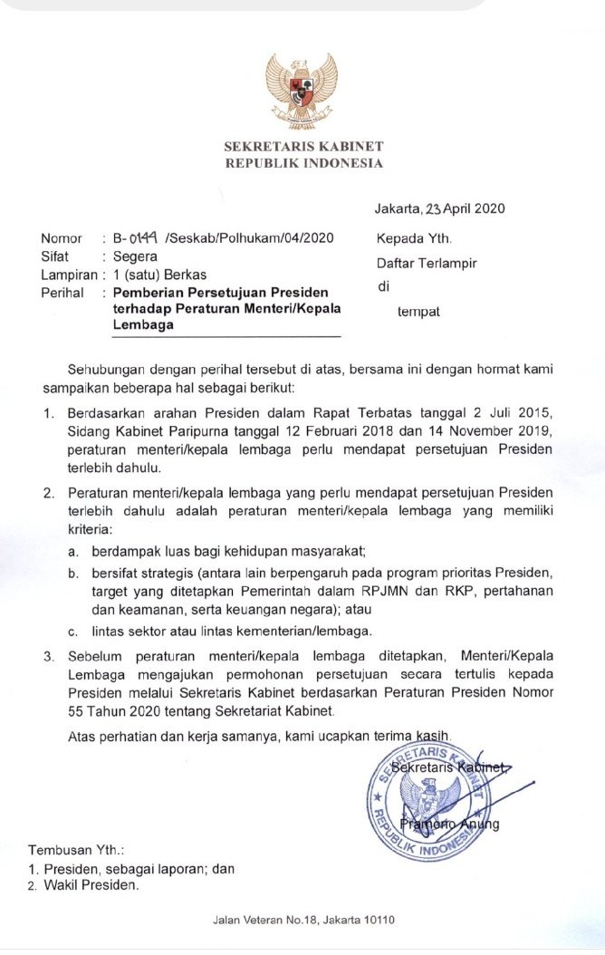 surat presiden agar menteri lapor sebelum buat permen