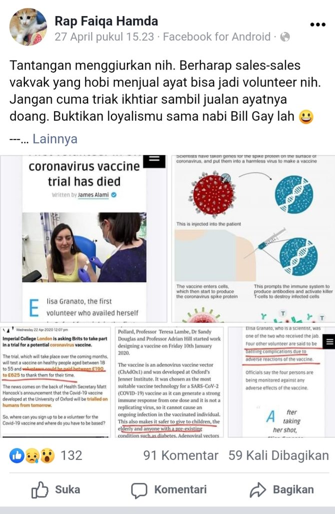 hoaks elisa granato relawan uji coba vaksin corona meninggal dunia