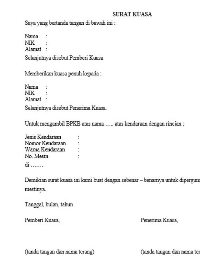 Contoh Surat Kuasa Pengambilan Bpkb Dan Cara Membuatnya Merdeka 