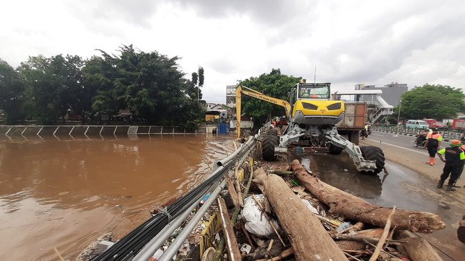 sampah kayu gelondongan di ciliwung