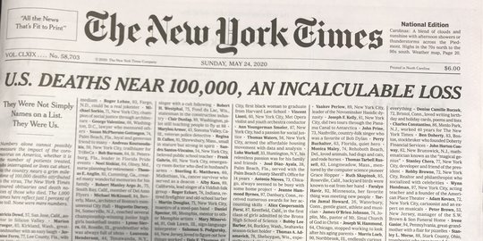 Halaman Depan Koran New York Times Dipenuhi Nama Korban Meninggal karena Covid-19
