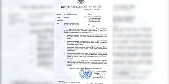 Kunjungi Kalimantan Timur, Warga Luar Wajib Kantongi Surat Negatif Covid-19