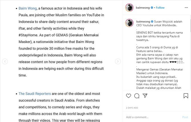 baim wong diapresiasi youtube