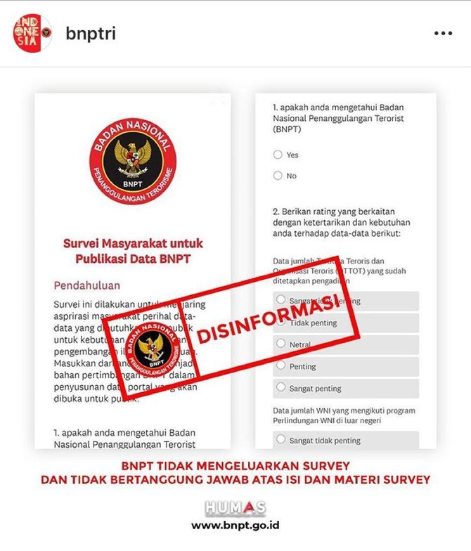 tidak benar survei masyarakat untuk publikasi data bnpt