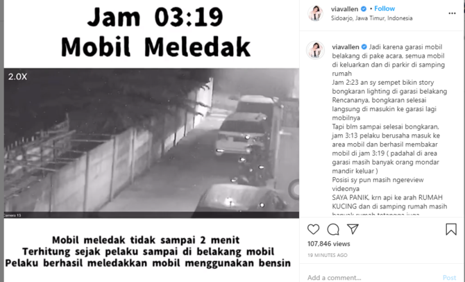 via vallen unggah rekaman cctv saat pelaku bakar mobilnya