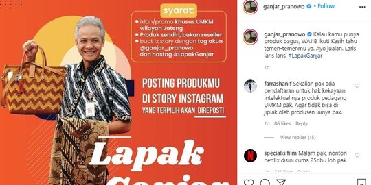 Gubernur Ganjar Promosikan Produk UKM Jateng Lewat Instagram