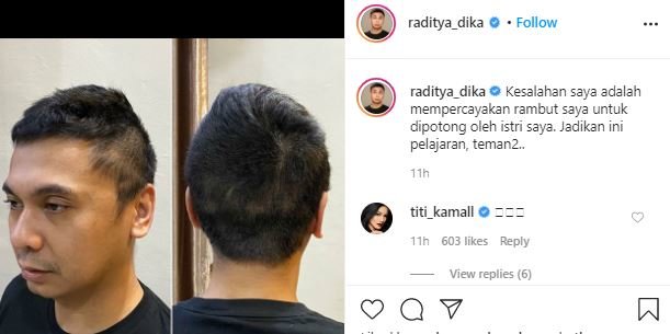 potret raditya dika usai dicukur istri