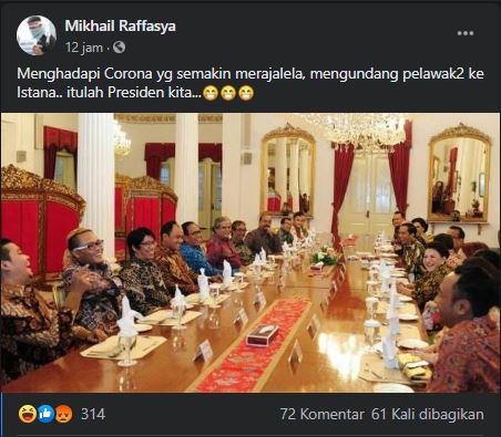 unggahan di facebook tentang jokowi undang pelawak ke istana negara