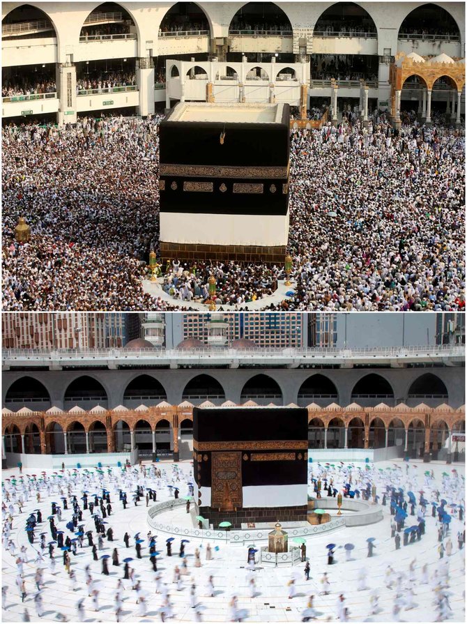 jemaah haji tawaf menjaga jarak di masjidil haram