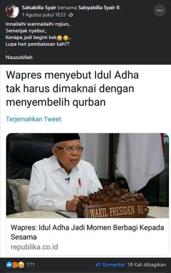 disinformasi wapres maruf amin sebut idul adha tak harus qurban