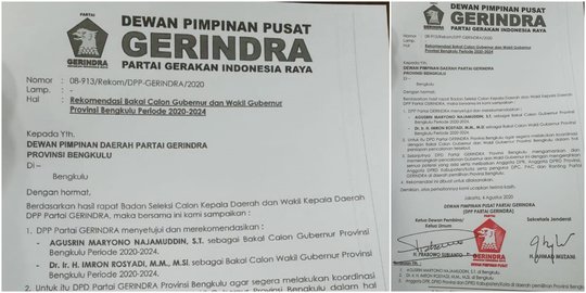 Beredar Dokumen Gerindra Usung Agusrin-Imron di Pilgub Bengkulu
