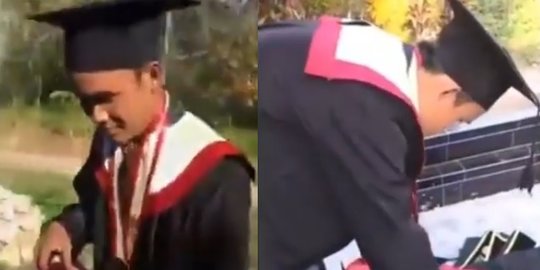 Bikin Haru, Pria Wisuda Bareng Pacar yang Sudah Meninggal Sampai Bawa Toga ke Makam