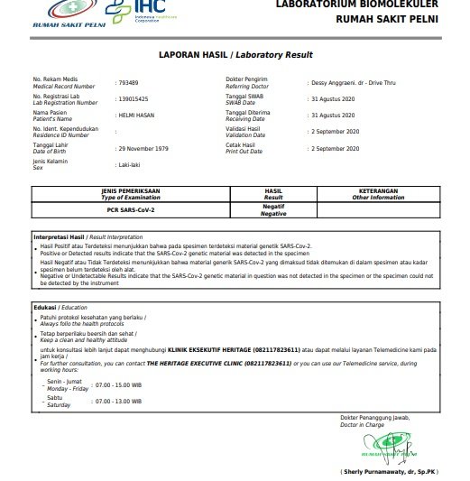 hasil tes swab helmi hasan di rs pelni