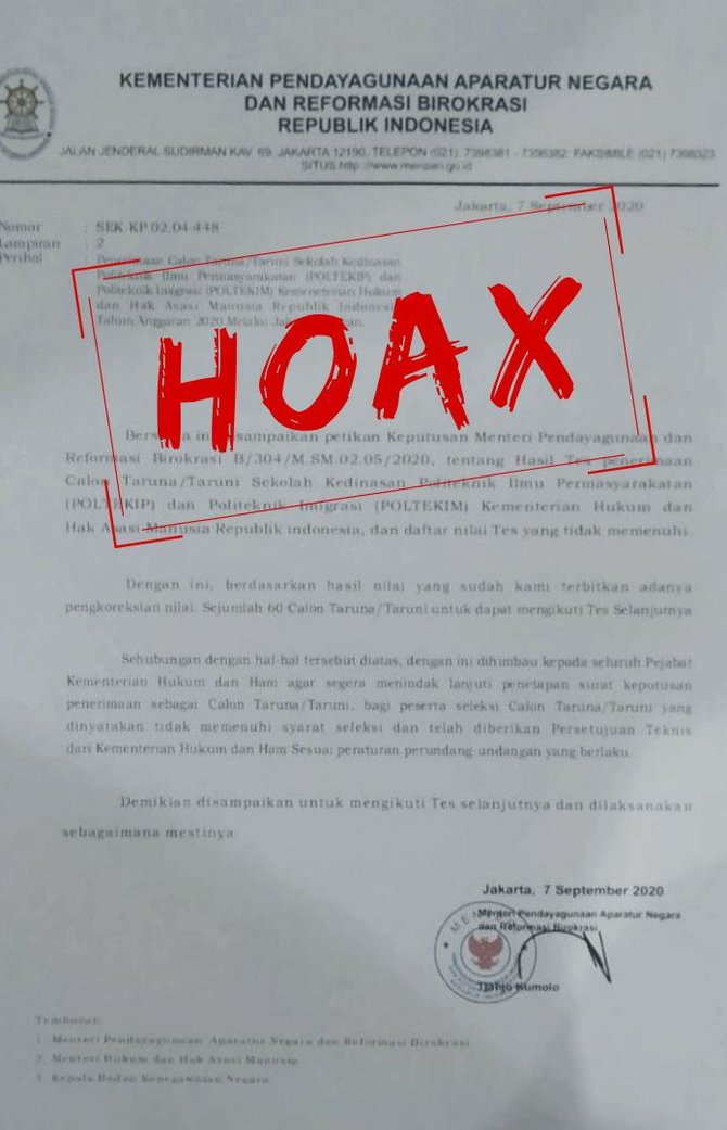 hoaks surat menteri panrb terkait penerimaan catar sekolah poltekip dan poltekim