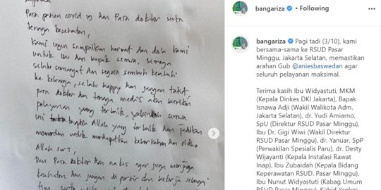 Wagub DKI Tulis Surat Semangati Pasien Covid-19 dan Tenaga Medis