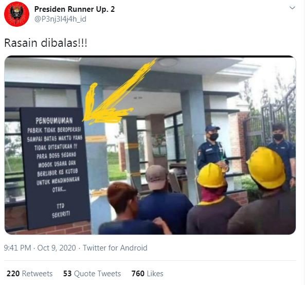 tangkapan layar informasi penutupan pabrik di twitter