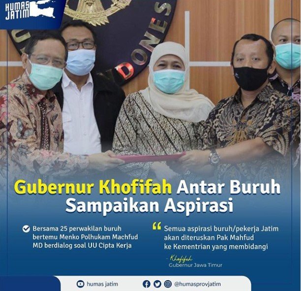 khofifah antar perwakilan buruh dan pekerja bertemu menko polhukam mahfud md