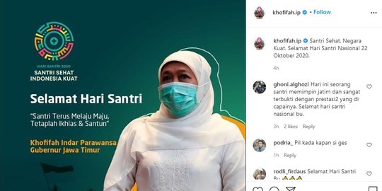 Ucapkan Selamat Hari Santri 2020, Khofifah Tuai Banyak Komentar dari Warganet