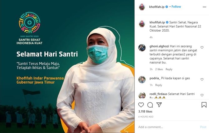 khofifah ucapkan selamat hari santri 2020