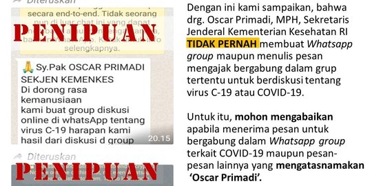 CEK FAKTA: Sekjen Kemenkes Tak Pernah Buat Grup Diskusi WhatsApp tentang Covid-19