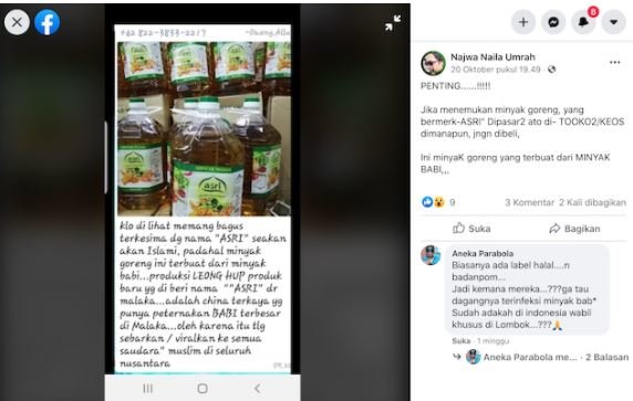 tangkapan layar facebook tentang minyak goreng mengandung babi