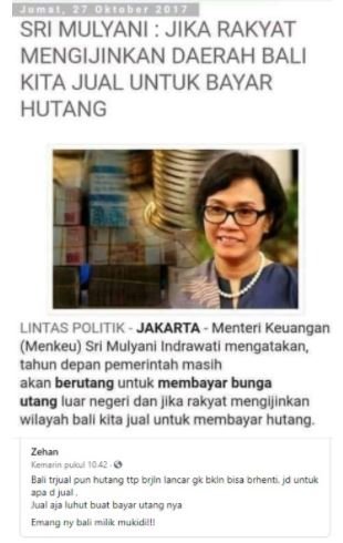 tangkapan layar kabar sri mulyani akan jual bali untuk bayar utang pemerintah