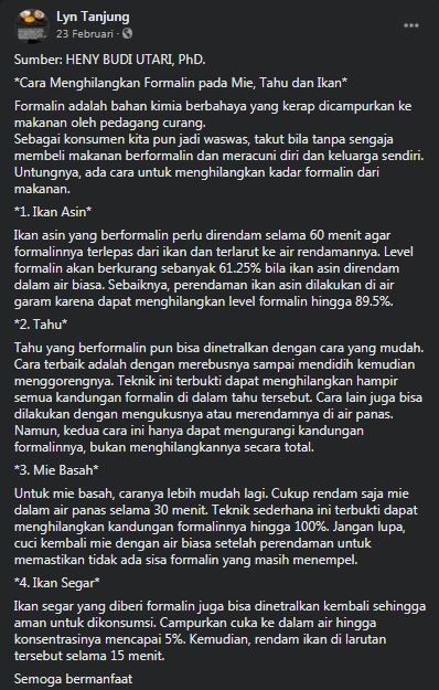 tidak benar informasi cara menghilangkan formalin dalam makanan