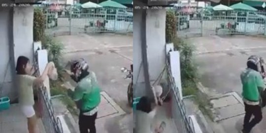 Viral Video CCTV Wanita Jatuh Terjungkal Depan Ojol Usai Terima Makanan