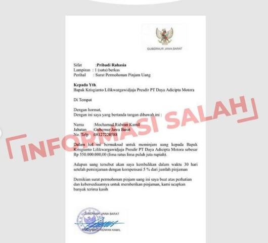 hoaks surat pinjaman uang atas nama ridwan kamil