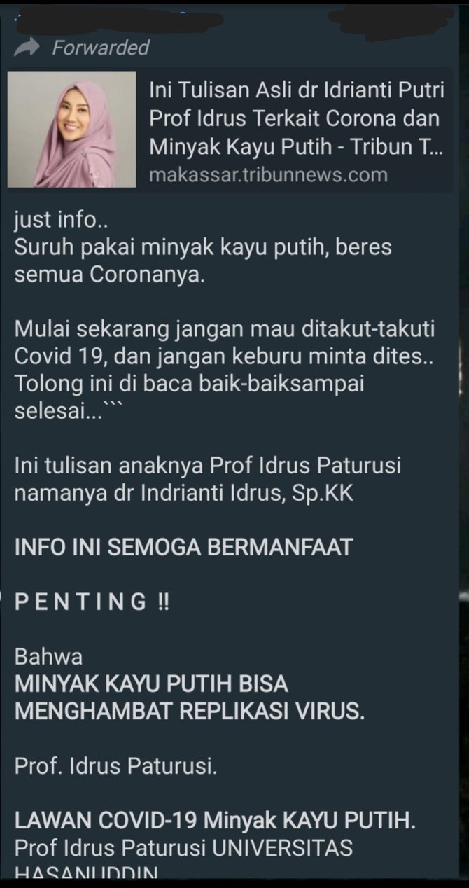 tangkapan layar tulisan dokter soal minyak kayu putih bisa sembuhkan covid 19