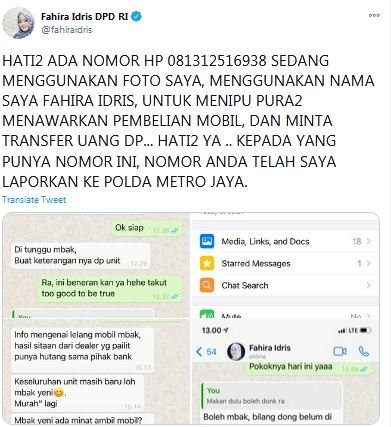 hoaks akun whatsapp mencatut nama anggota dpd fahira idris