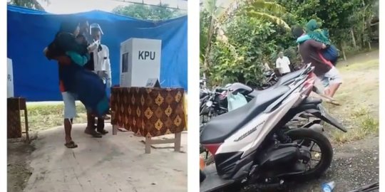 Viral Video Suami Gendong Istri ke TPS karena Kakinya Sakit Tak Bisa Jalan