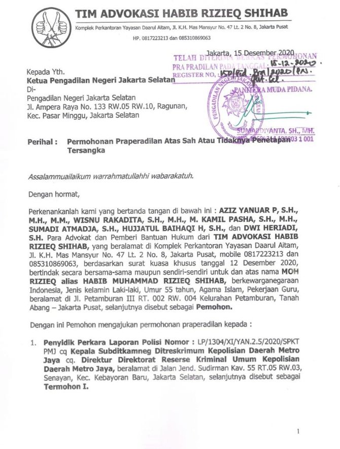 surat pendaftaran praperadilan rizieq syihab