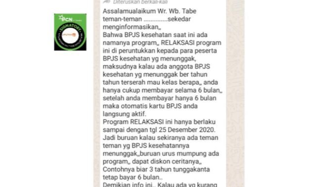 hoaks tunggakan bpjs kesehatan bisa langsung lunas hanya bayar 6 bulan