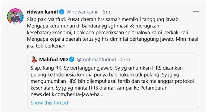 Ridwan Kamil Responds To Mahfud MD About The Rizieq Crowd