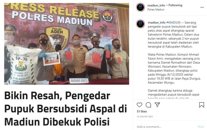 tersangka pengedaran pupuk aspal di madiun